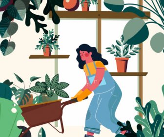 Gardening Work Painting Woman Houseplants Sketch Cartoon Character