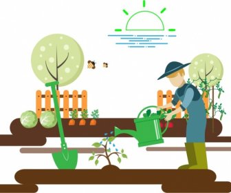 Gardening Work Theme Man Growing Tree Sketch Colorful Design