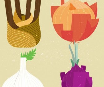 чеснок, лук, овощные иконки, красочный ретро-дизайн