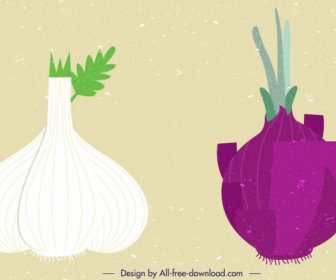 Garlic Onion Vegetables Icons Colored Flat Retro Design