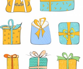 Gift Box Icons Multicolored Flat Classic Handdrawn Sketch