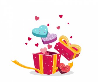 Elemen Desain Gift Valentine Dynamic Bursting Present Box Heart Shape Dekorasi