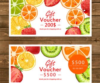 Hadiah Voucher Vektor Ilustrasi Dengan Berbagai Latar Belakang Buah-buahan