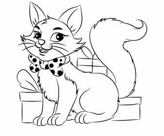 Gifts Cat Icon Black White Handdrawn Cartoon Sketch