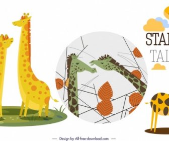 Giraffe Background Sets Funny Cartoon Characters