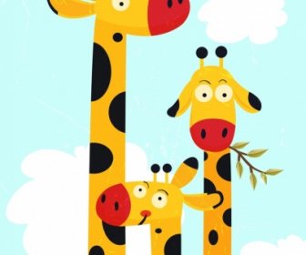长颈鹿家庭绘制高颈特写五彩卡通