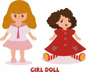 Girl Doll Icons Cute Colored Cartoon Design