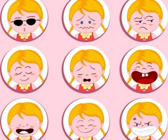 Girl Emotional Icons Collection Cute Colored Cartoon Design