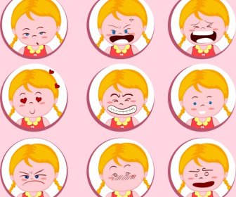 Girl Emotional Icons Collection Round Isolation Cute Design