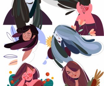 Mädchen Gesichter Symbole Handgezeichnete Cartoon-Skizze