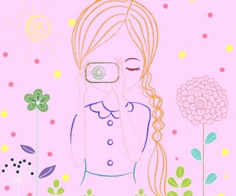 Mädchen-Symbol Skizze Handgezeichnete Farbige Kamera Hobby