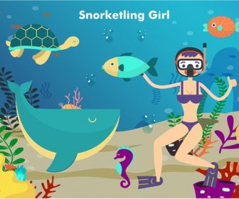 Gadis Snorkeling Di Laut Vektor Ilustrasi Dalam Warna