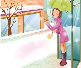 Girl With Umbrella In Street Winter Vector