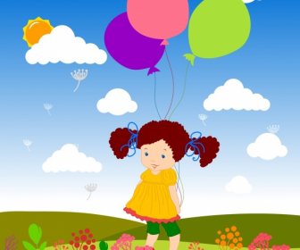 Girls Balloons Background Colorful Cartoon Drawing