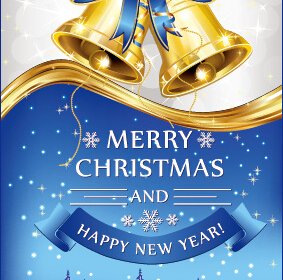 Golden Bell Christmas With New Year Blue Bow Background