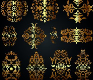 Goldene Kalligraphische Ornamente Mit Etiketten Vektor