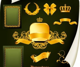 Golden Emblem And Frames Decorative Elements Vector