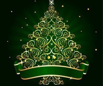 Golden Floral Christmas Tree Vector Graphic