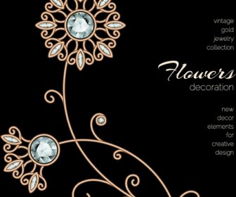 Golden Floral With Jewels And Black Background Vector
