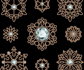 Golden Floral With Jewels And Black Background Vector