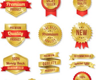 Golden Premium Quality Labels With Red Ribbon Vector