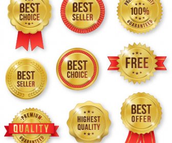 Golden Premium Quality Labels With Red Ribbon Vector