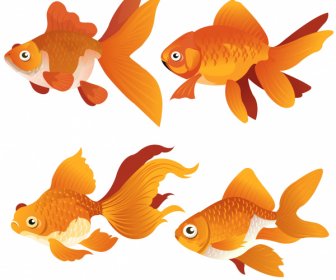Goldfish Icons Bright Colored Modern Design Swimming Sketch