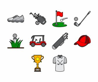 Golf Icon Sets Flache Symbole Skizze