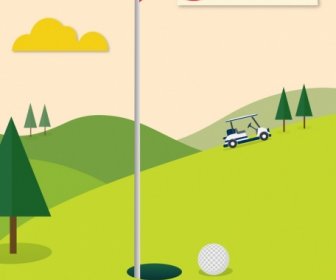 Golf Turnamen Banner Lapangan Hijau Ikon Kartun Desain