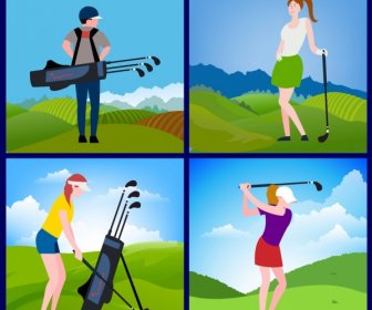 Golfer Icons Isolation Multicolored Cartoon Design Various Gestures