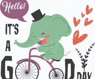 Добрый день баннер милой слон езда велосипедов значок