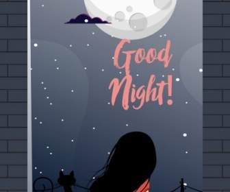 Gute Nacht Banner Runden Mond Kleine Mädchen Icons