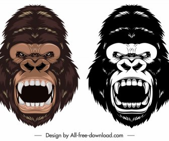 Иконки головы гориллы окрашенные в черный белый агрессивный эскиз