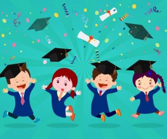 Graduation Background Joyful Kids Icons Colored Cartoon Desgin