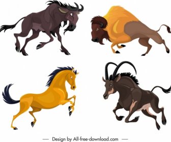 Graminivore Species Icons Antelope Bull Horse Cartoon Sketch