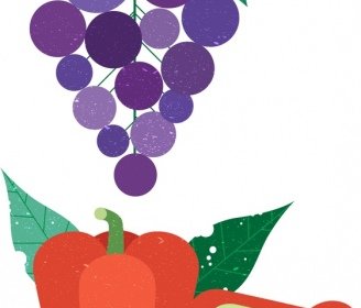 ブドウ、コショウ、野菜、果物のアイコン、カラフルなレトロなデザイン
