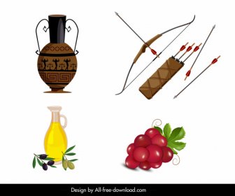 Greek Design Elements Pottery Arrow Olive Fruits Sketch
