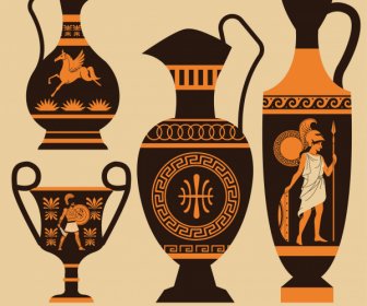 Iconos De Cerámica Griega Elegante Decoración Retro Plana Oscuro