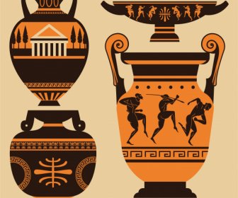 Greek Pottery Icons Flat Retro Symbols Decor