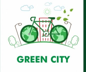 녹색 도시 배너 자전거 아이콘 손으로 그린 스타일