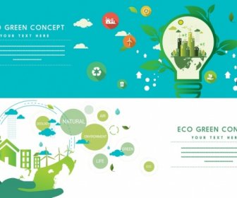 Green Ecology Banners Horizontal Design Lightbulb Globe Icons