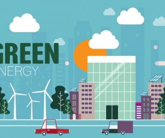 綠色能源旗幟建築風車圖示裝飾