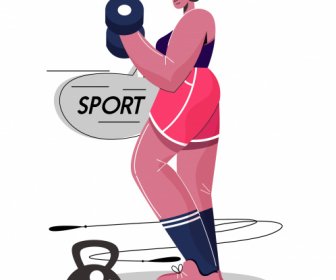Gym Olahraga Ikon Dumbbel Wanita Sketsa Desain Kartun