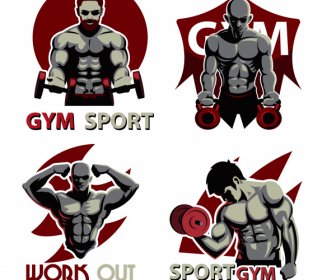 Gym Sports Icons Muscular Athlete Sketch Dark Design