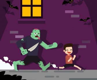 Halloween Background Funny Ghost Chasing Boy Cartoon Design