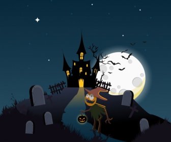 Halloween Background Moonlight Castle Cemetery Ghost Icons