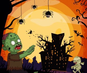 Halloween Latar Belakang Menakutkan Desain Elemen Kartun Berwarna