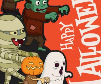 Plantilla De Fondo De Halloween Divertidos Personajes De Miedo Dibujo Animado Bosquejo