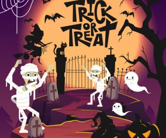 Halloween Background Template Scary Characters Sketch Dark Design