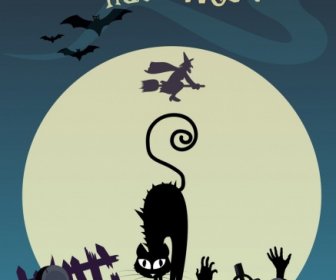 Halloween-Banner Schwarze Katze Mondlicht Grab Assistenten Symbole